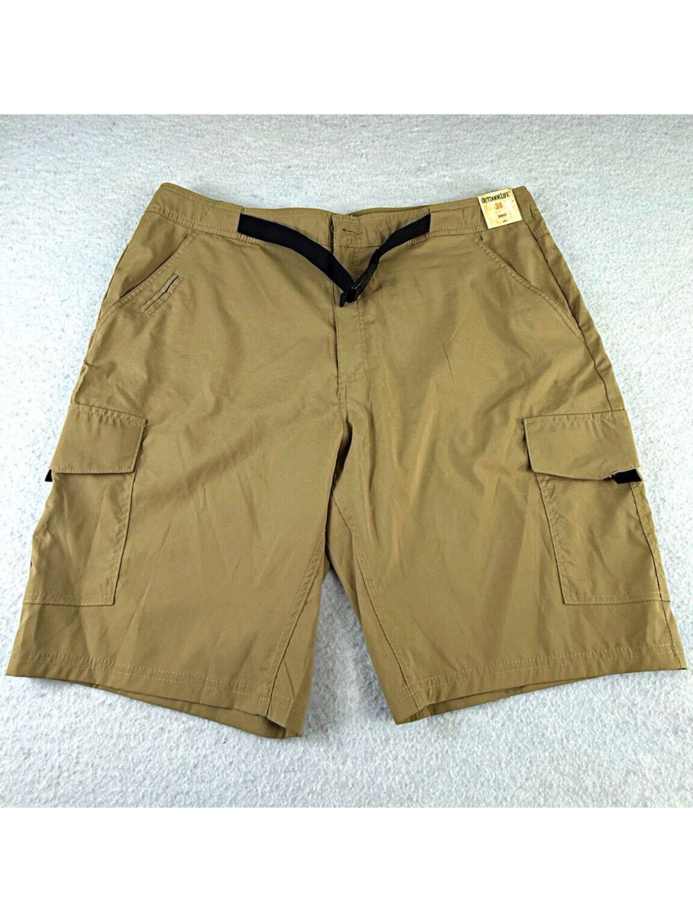 Outdoor Life Men’s Beige Cargo Shorts Flat Front Solid Buckle Cargo Pockets